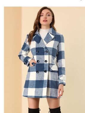 Double-Breasted Blue & White Buffalo Plaid Coat